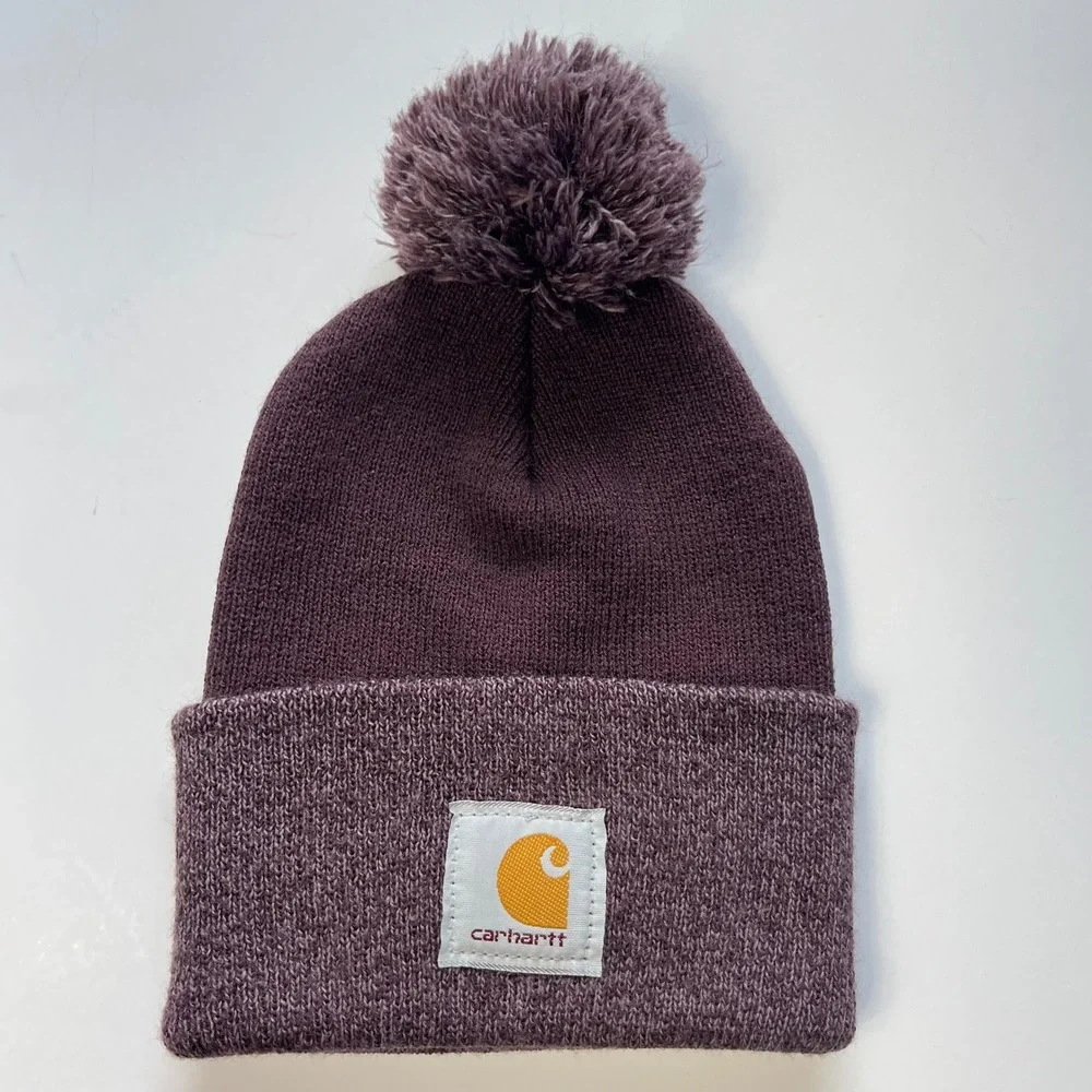 Carhartt Plum Pom Cuff Beanie Knit Hat Logo USA Thermal Workwear  Unisex Ski